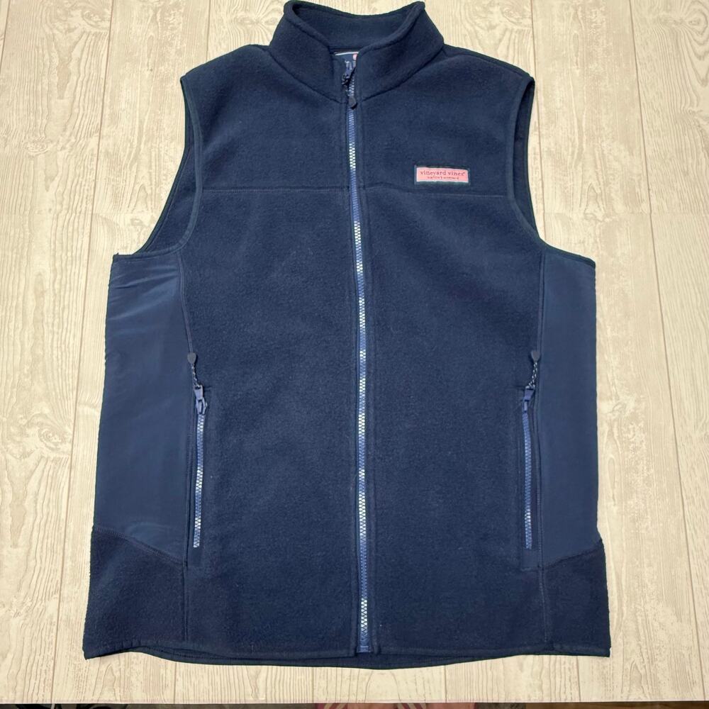 Vineyard Vines Men’s M Navy Blue Fleece Vest Full Zip Whale Logo Pockets